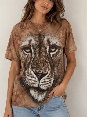 The Mountain Unisex Size Women M, Men S, Graphic Tee Brown Lion Print Grunge